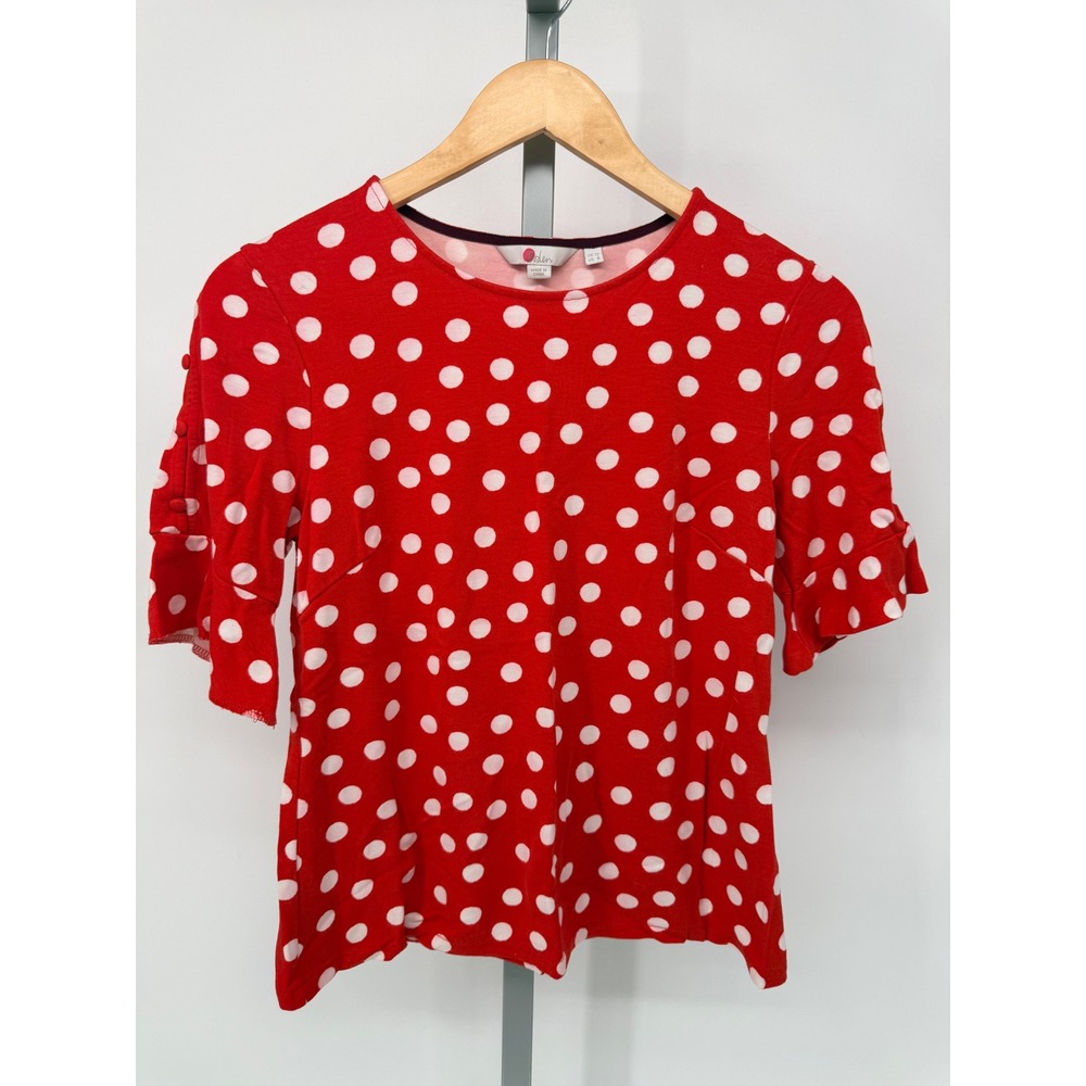 Boden Red White Polka Dot Ruffle Button Sleeve Knit Top Womens US 8 UK 12‎
